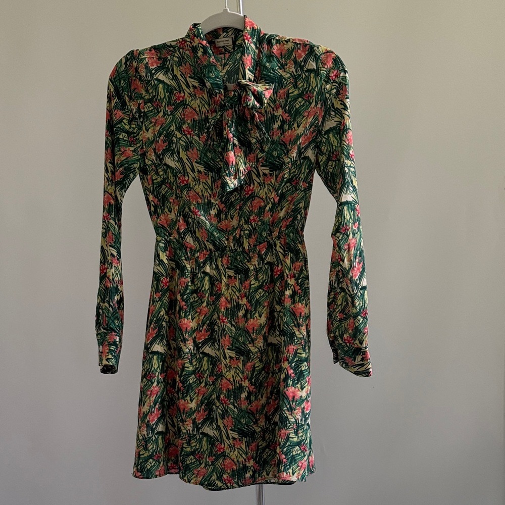 Aritzia Sunday Best Veronica Green and Pink Long Sleeve Shirt Dress Floral Palm
